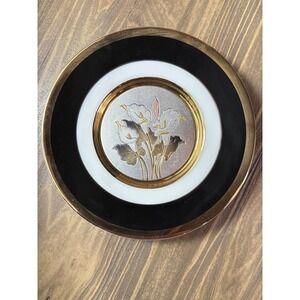 Vintage Art of Chokin Decorative Plate 6.25" 24K Gold Rim Black Calla Lily Japan